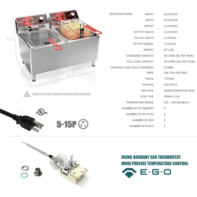 Deep fryers Commercial Deep Fryer 12L x2 Large Dual Tank Electric Countertop Fryer for Restaurant with 2 Frying Baskets and Lids