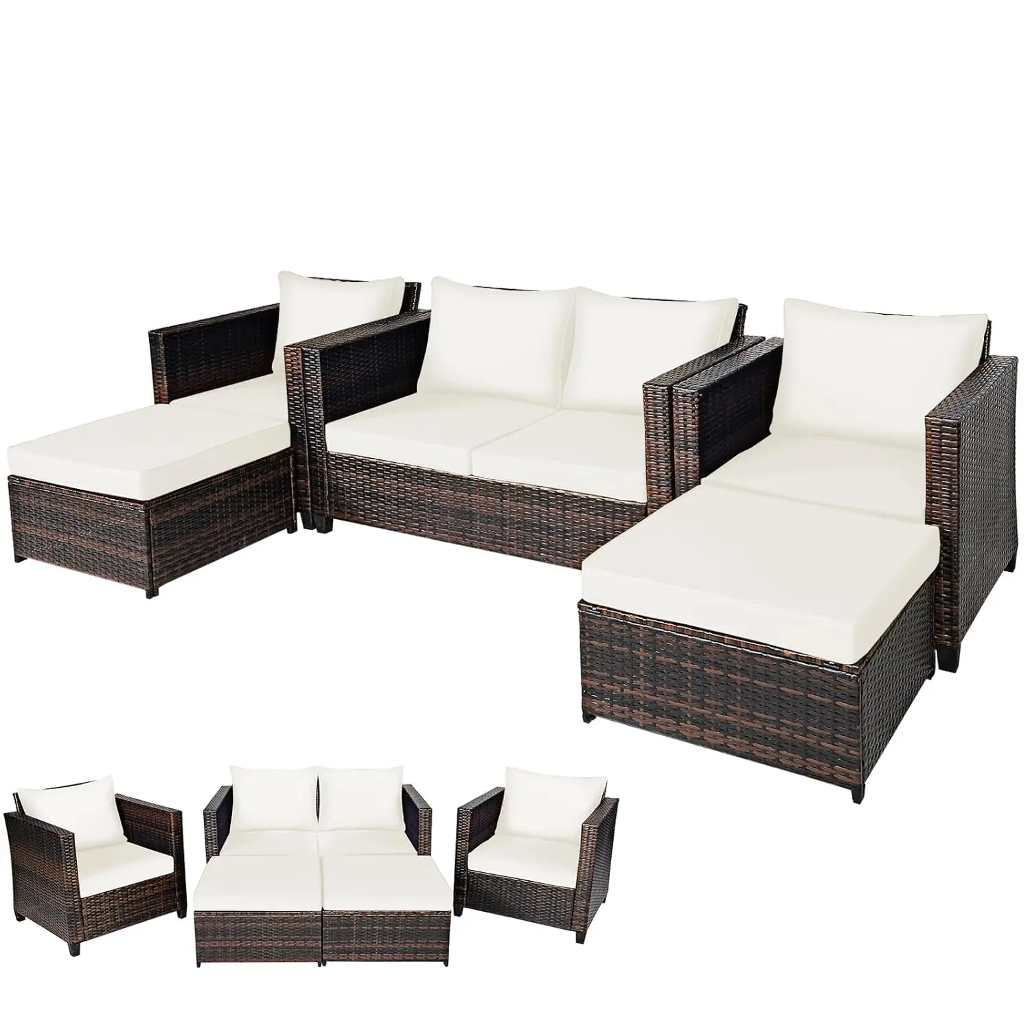 Conjunto de Muebles de Jardín de 5 Piezas, Sofá de Dos Plazas y 2 Otomanas, Conjunto de Sofá de Ratán Seccional para Exteriores, Multifuncional, Personalizable
