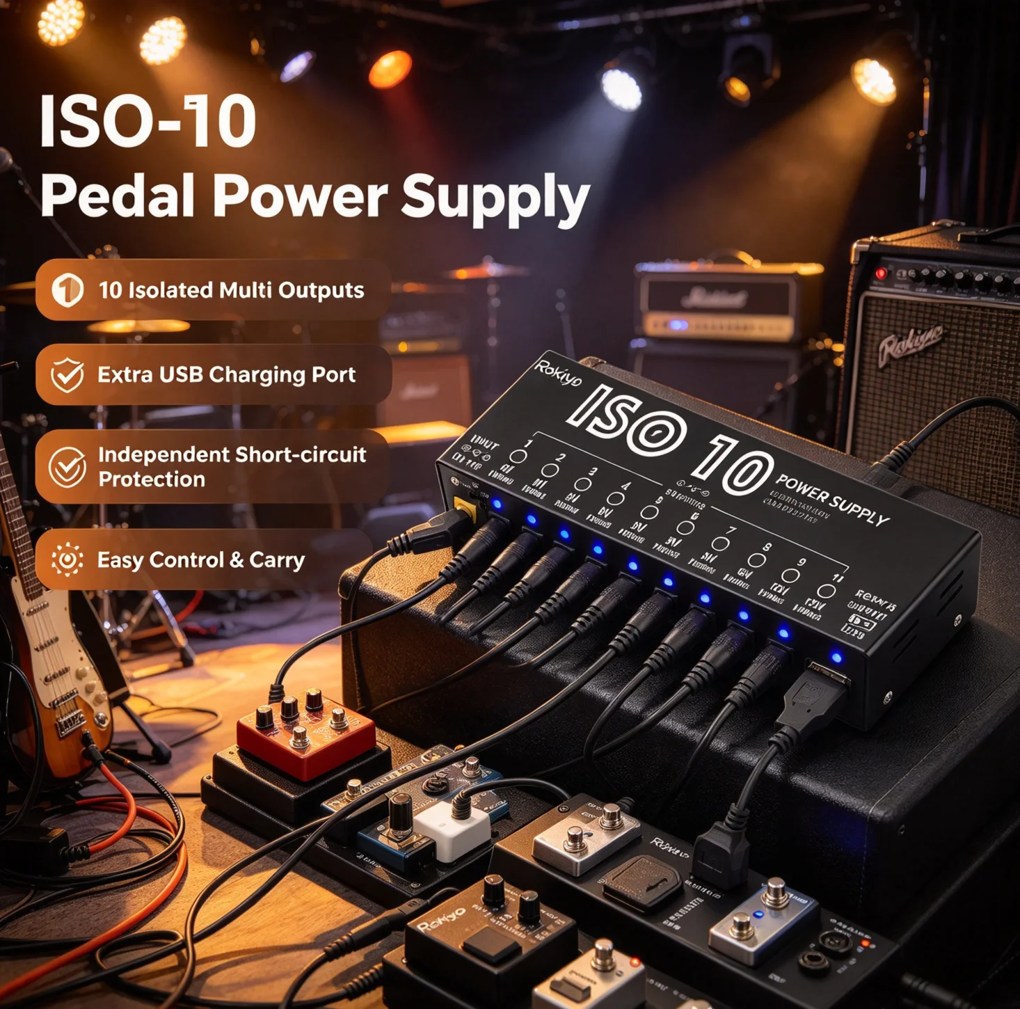 Rokiyo ISO-10 Guitar Pedal Power Supply 10 Isolated DC Outputs & USB Port Isolated Power Source for 9V/12V/18V Protection