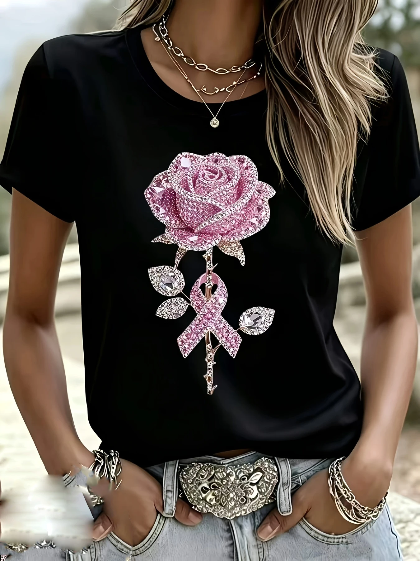 Danqiyoyo Light Luxury Crystal Pink Rose Print Y2k Tshirt women Clothing New in Top & Tees women T-Shirt 27051