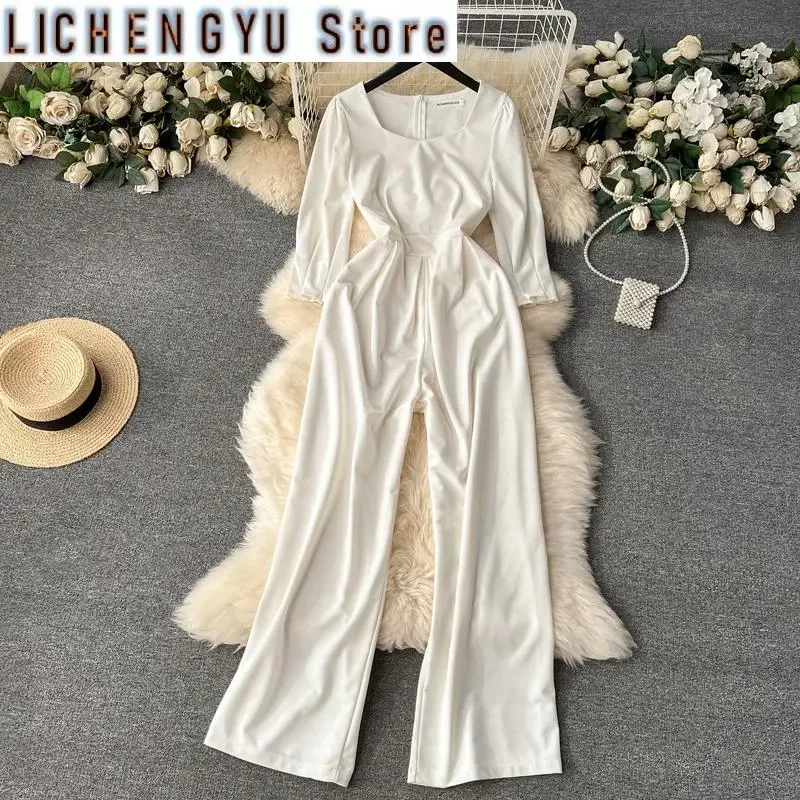 New Elegant Style Chic Jumpsuit Women Solid Color Puff Long Sleeve Square Collar High Waist Jumpsuits Winter Spring