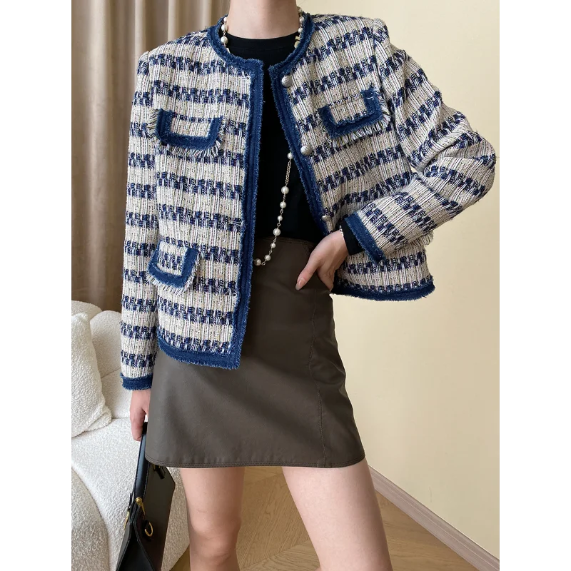 

Autumn French Woven Tweed Tassels Casual Short Jacket Female Denim Patchwork Stripes Korea Fashion Long Sleeve Women Coat 1614