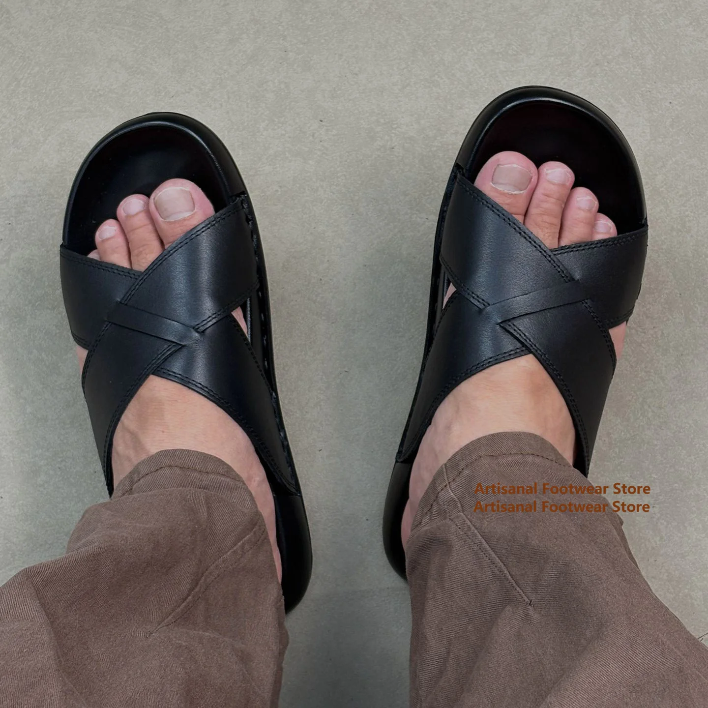 

Men's Black Soft Leather Cross Strap Slide Sandals Thick-Soled Open Toe Slip On Casual Summer Slides for Daily Outdoor Walking
