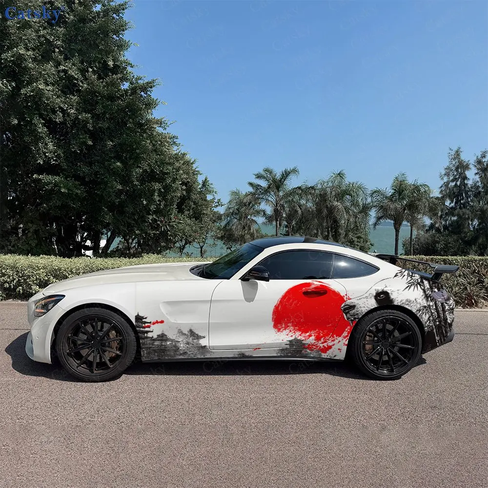 2pcs Red Sunset Bamboo Hidden Panda Car Side Wrap, Self-Adhesive PVC Waterproof & Scratch-Resistant Stickers, Car Accessory Gift