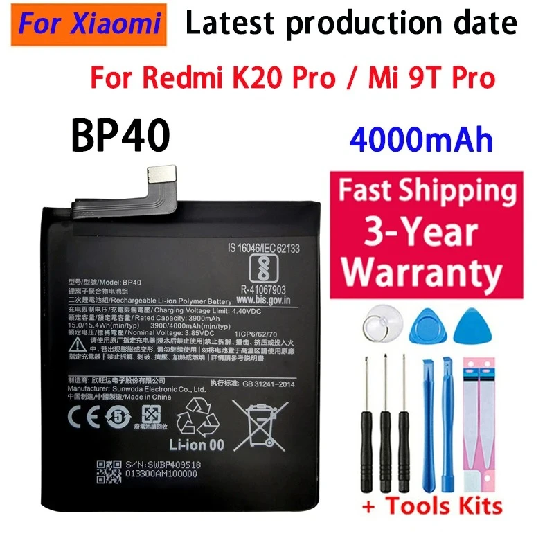 Battery For Xiaomi Redmi K20 Pro K20Pro / Mi 9T Pro 4000mAh BP40 Phone Replacement Batteries Bateria Batterij