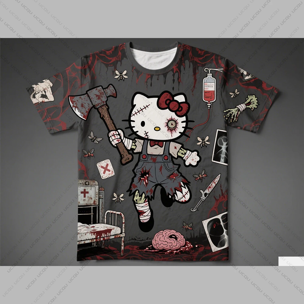 

Женская футболка больших размеров на Хэллоуин 2025, крутая и освежающая, с короткими рукавами, с камуфляжным принтом, «Hello Kitty Minions», дышащая