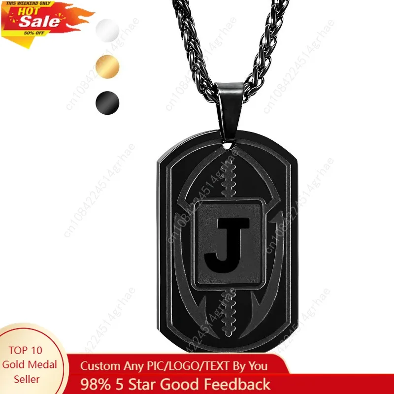 

Stocking Stuffers-Fervia Football Initial Necklace for Men Boys Kids Teen Dog Tag Stainless Steel Black Letter Pendant Sport Foo