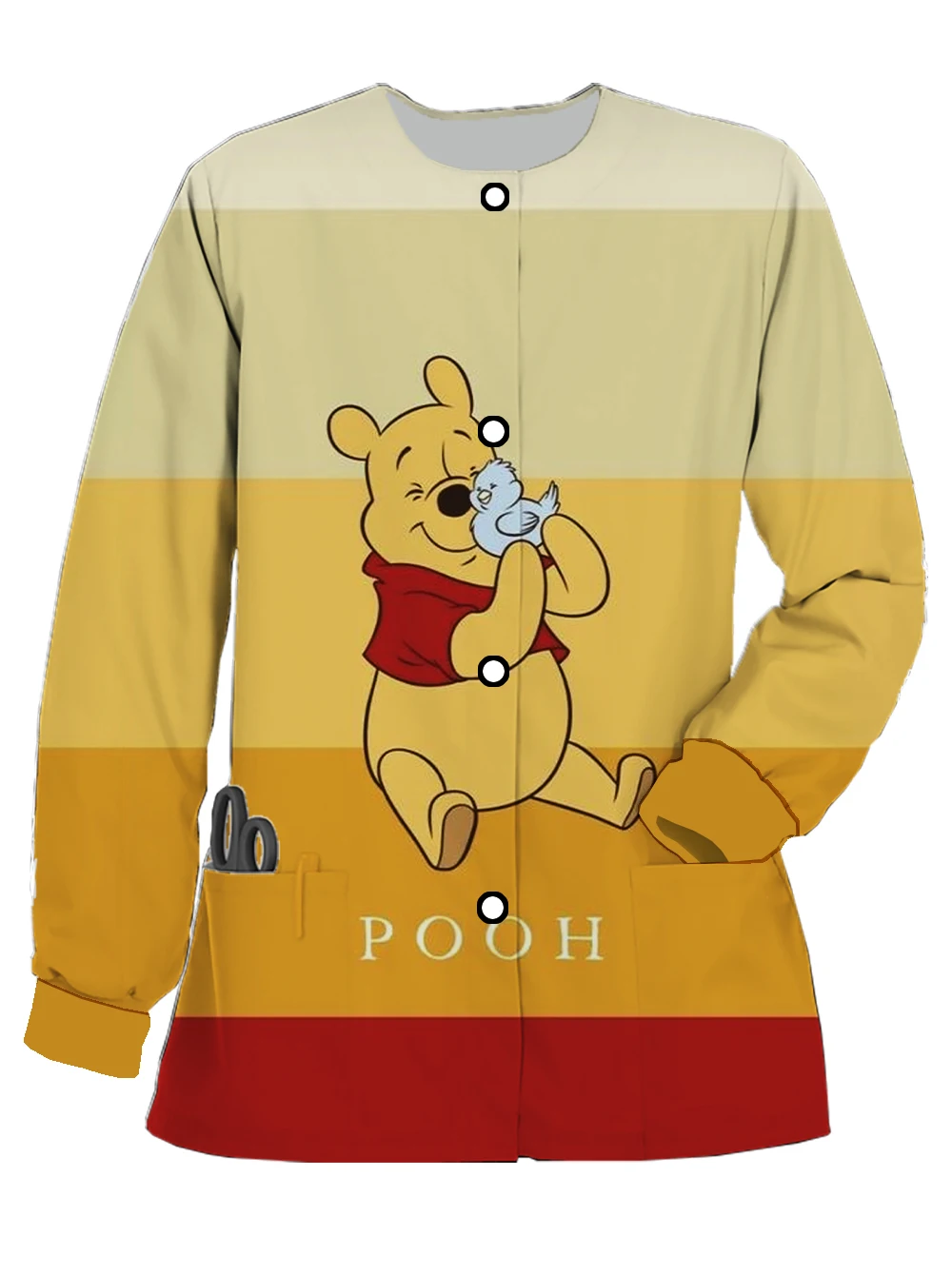 

Women's Disney Winnie the Pooh Print Nursing Workwear Casual Long Sleeve Women's Workwear Uniform Crew Neck Pocket Scrub Top