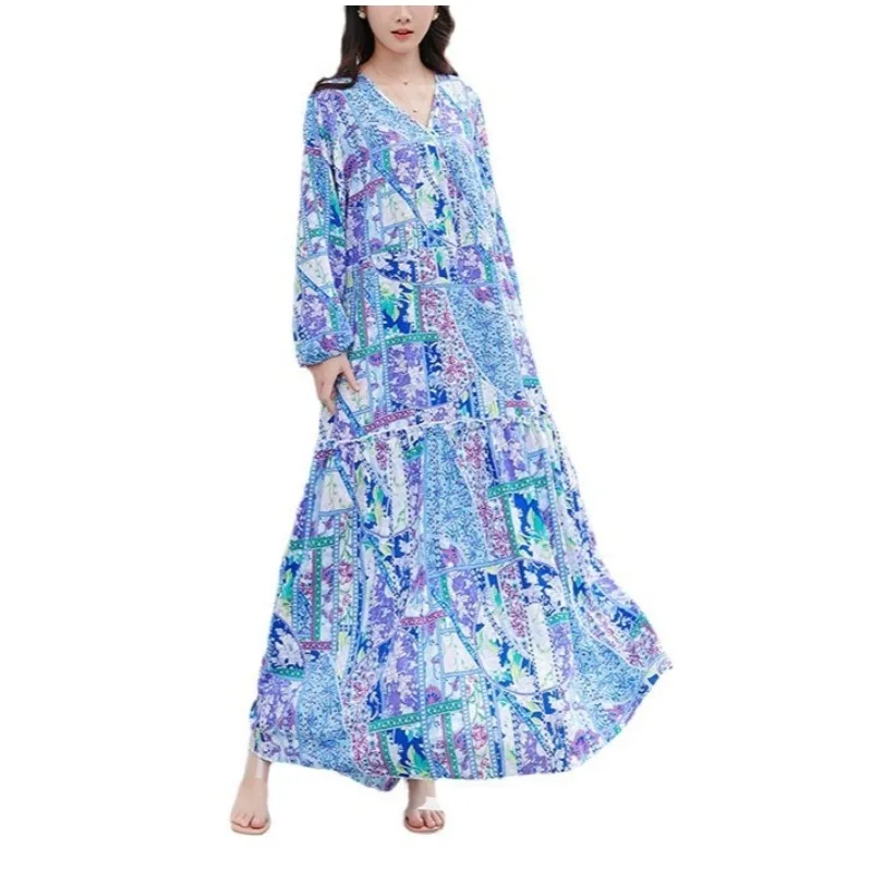 Tinaa Bohemian Plus Size Dresses 2025 Tierred V Neck Long Sleeve Printing Holiday Beach Loose Fit Long Dress with Belt  2311