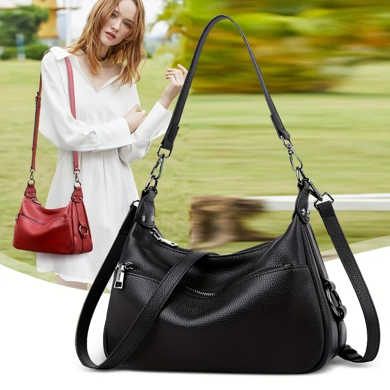 Luxurious Genuine Leather Shoulder Handbag with Adjustable Strap - Multi-Zipper Crossbody Purse for Women with Polyester Lining