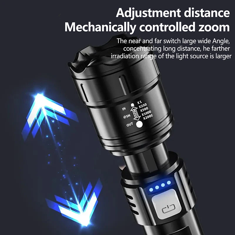 Ultra Bright Lantern Super Powerful LED Flashlight Zoom Tactical Torch Built-in Battery USB Rechargeable Waterproof Lamp