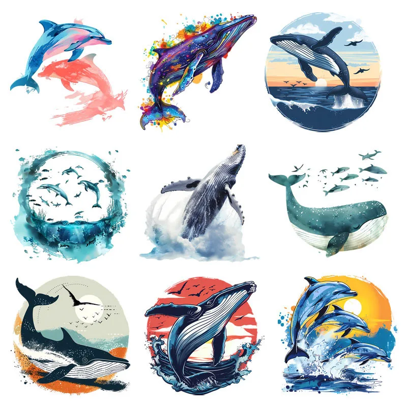 Cartoon Fish Marine Animals Dolphins whales Patch for Clothes Heat Transfer Appliques Thermo Stickers Iron on Vinyl for Clothes