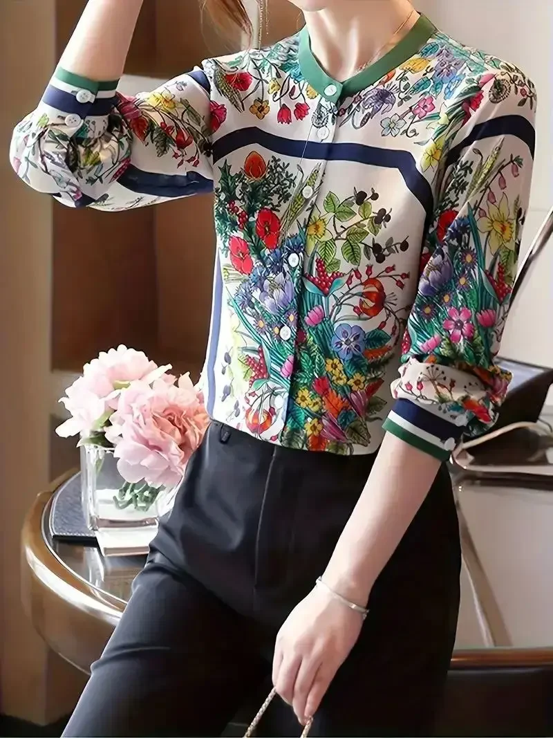 Vintage Chinese style flower print shirts for ladies New elegant women's blouses Female Tops Blusas Women B31