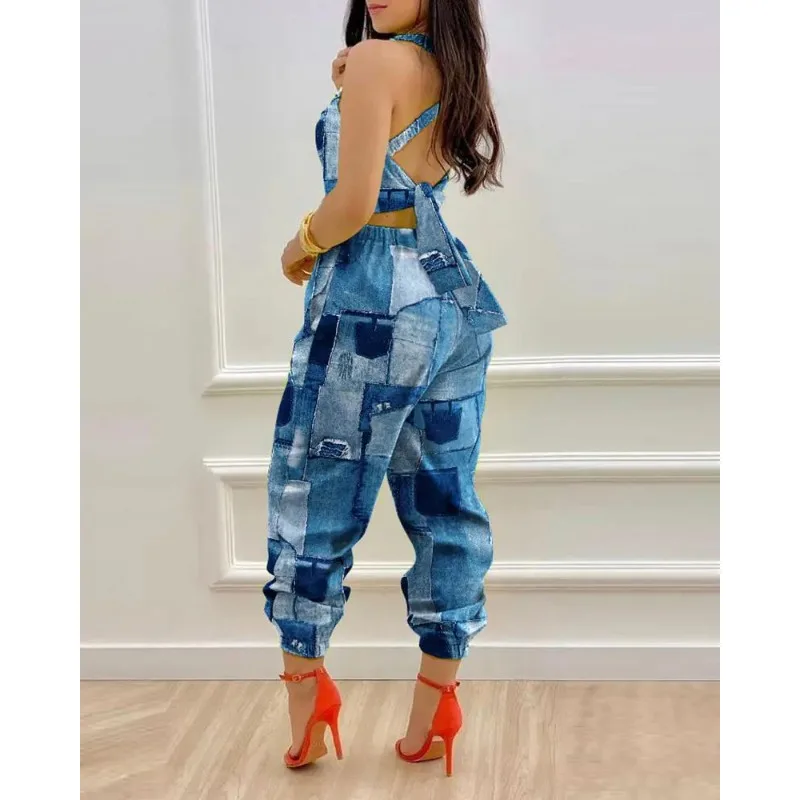 2024 Spring Summer New Women's Printed Spaghetti Straps Sleeveless Commuter Lace-up Leg Shaping One-Piece Playsuit Jumpsuit