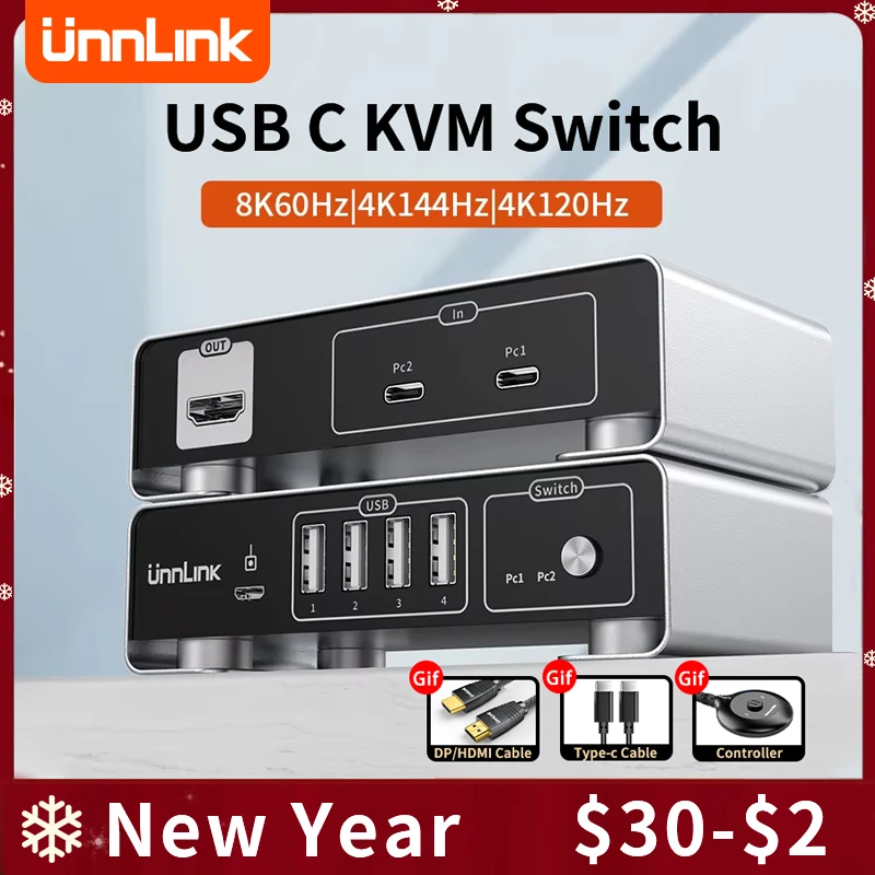 

KVM-переключатель Unlink USB C to HDMI DP 2x1 8 K 60Hz 4K 144 Гц Type C Thunderbolt 4 KVM-переключатели с контроллером для конвертера Macbook