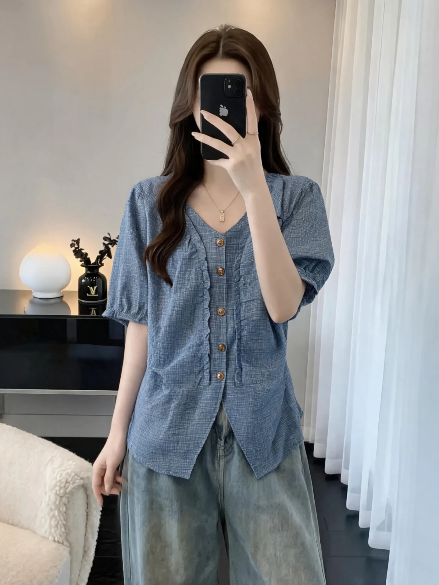 

Blue Wooden Ear V-neck Short Sleeve Women's Shirt Summer New plus Size Slimming Retro Anti-aging Base Top