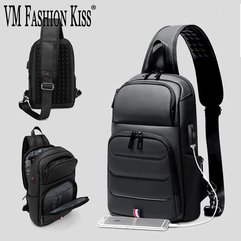 

VM FASHION KISS Men's USB Charging Chest Bag With Headphone Hole Waterproof Shoulder Bag Anti-theft Chest Bags With Adjustable