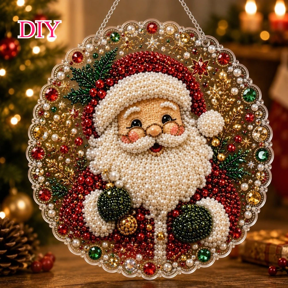 Kerst diamant schilderij hangende decoratie, DIY ronde diamant kunst krans bord voor kerst deur raam huis wanddecoratie