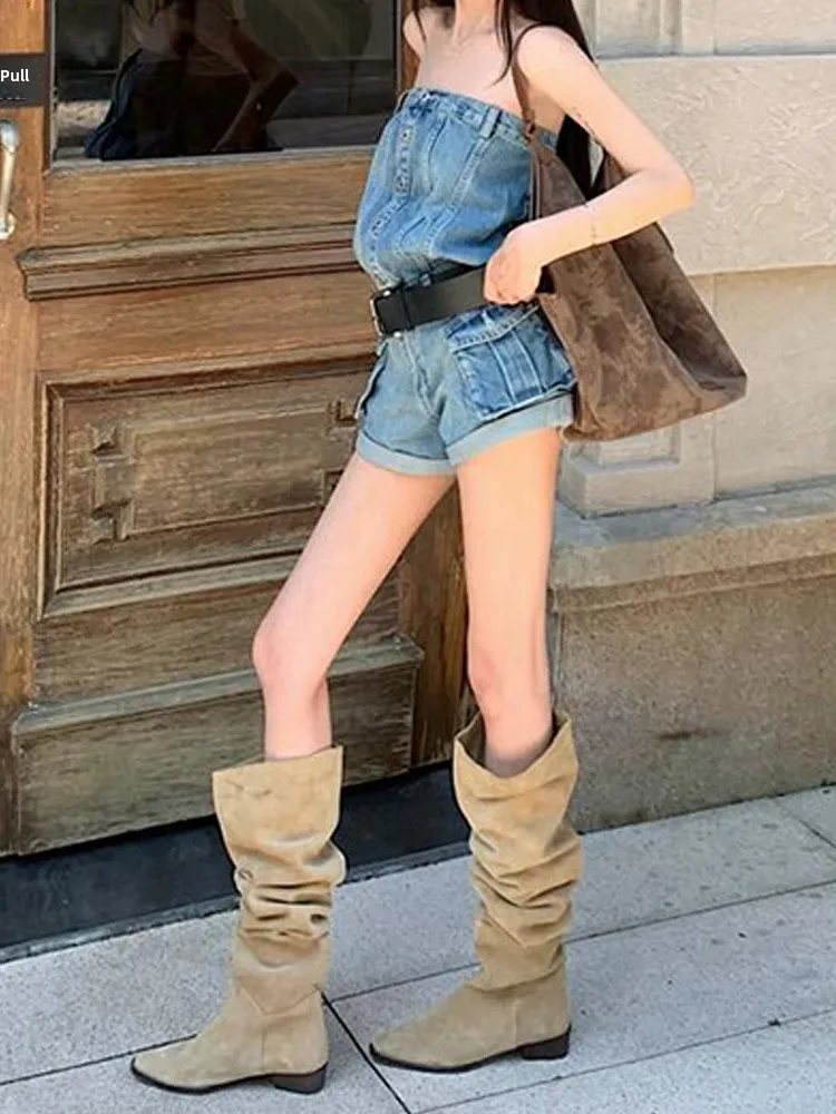Retro American High Street Design Sexy Girl Vintage Distressed Crop Top And Denim Shorts Women's Loose One-Piece Shorts
