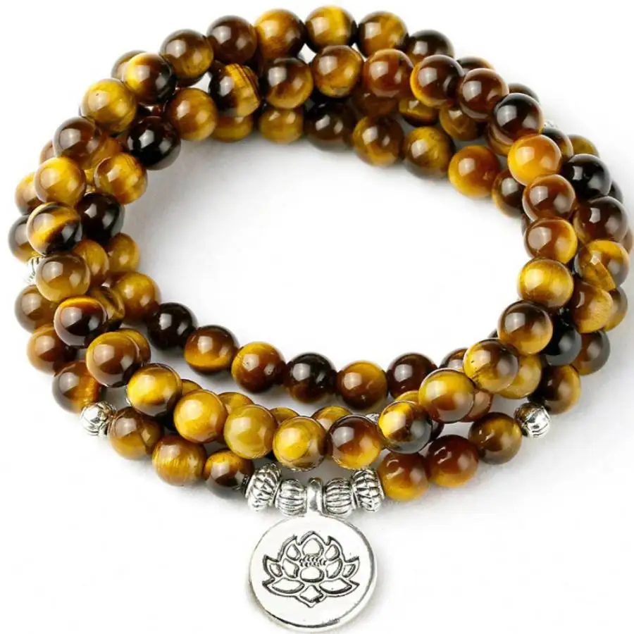 

6mm tiger eye stone bracelet lotus Buddha pendant 108 beads zazen Women Buddhist Chakra Natural stone tassel Meditation Sacred