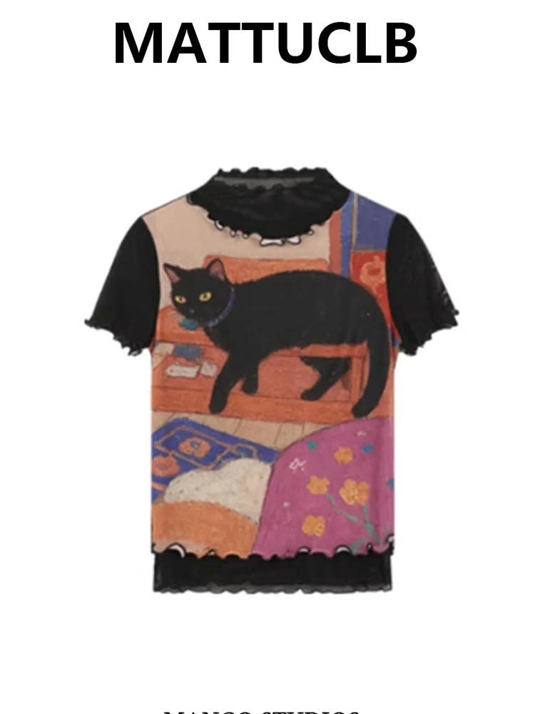 

Summer Women Shoujo Girl Dark Academia Mesh Crop Top Coquette 2000s Aesthetic Short Sleeve T-Shirt Graphic Tees Gyaru Y2k Kpop