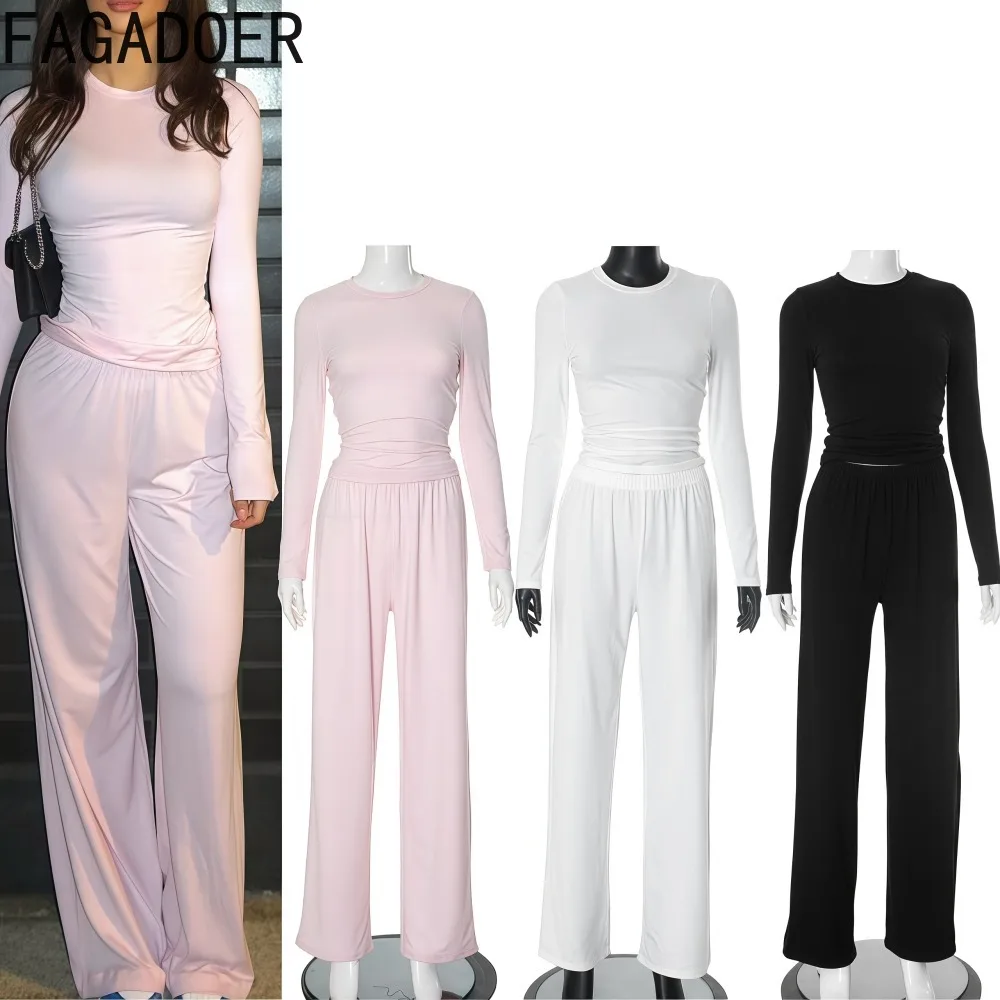 

FAGADOER Casual 2 Pieces Set for Woman Outfits Solid Color Long Sleeve Crop Top and Wide-leg Pants Matching Female Streetwear