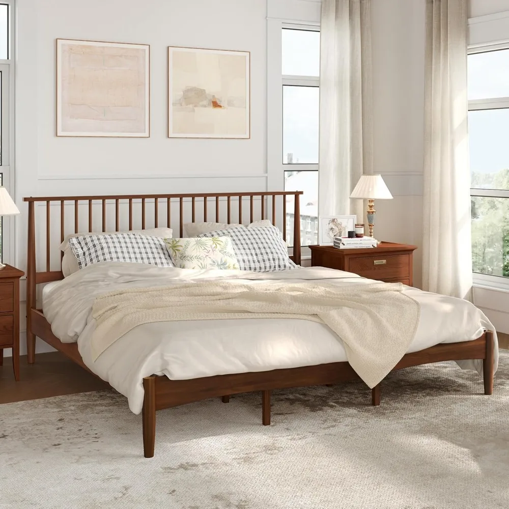 

Wood Bed Frame with Spindled Headboard, Platform Bed Frame King Size Mid Century Foundation with Solid Wood Slat Support, No Box