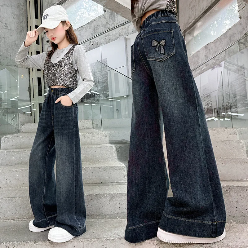 New Autumn Child Straight Leg Jeans With Bow Embroidery for Tweens Girl High Fashion Wide-leg Denim Pants Kids Casual Trousers