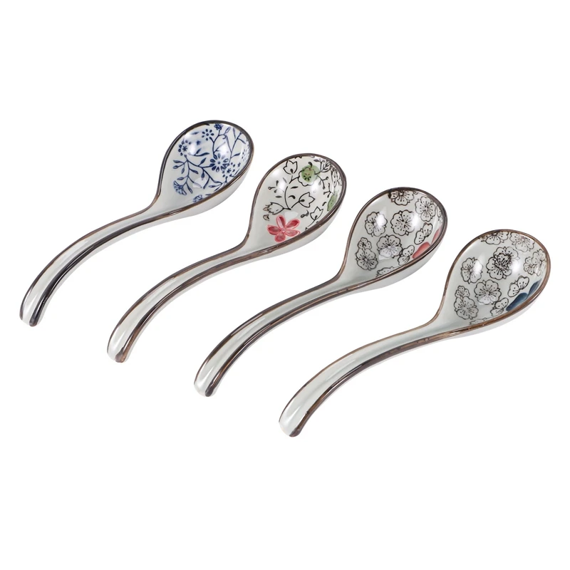 ช้อนซุป 4 ชิ้น Asian Retro ช้อนข้าวเซรามิคจีนโค้งจับซุปราเมน