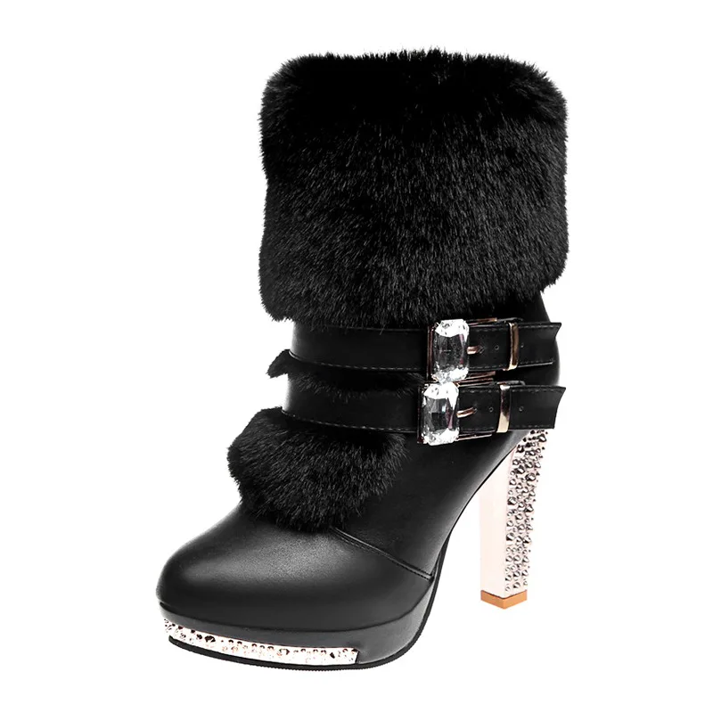 Winter Shoes Women High Heels Boots Fashion Ladies Party Shoes Warm Fur Shoes Woman Super High Heel 10cm Black White A2813