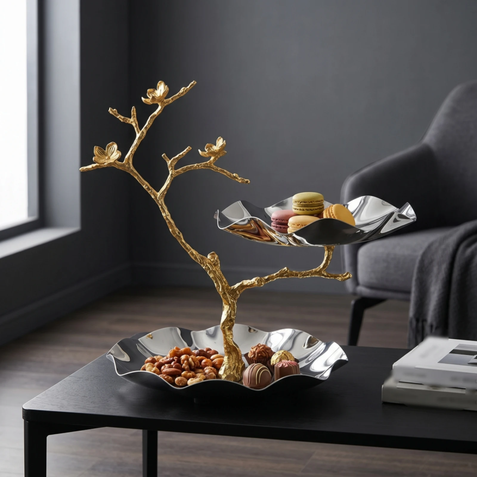 Serving Stand with Scalloped Bowls Silver-Colored Two-Tier Serving Platter Two-Tier Fruit Bowl Reflective Tray Luxury-Inspired