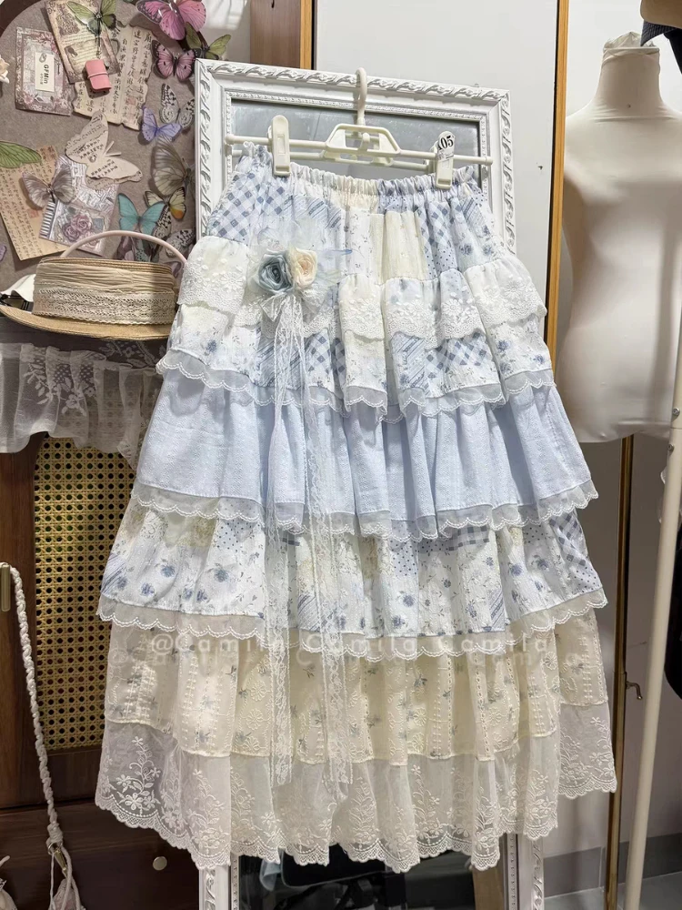 Princess Style Fluffy Patchwork Cake Skirt Women Japanese Y2K Lolita Lace Ruffle High Waist Midi Skirts Holiday Party Fashion
