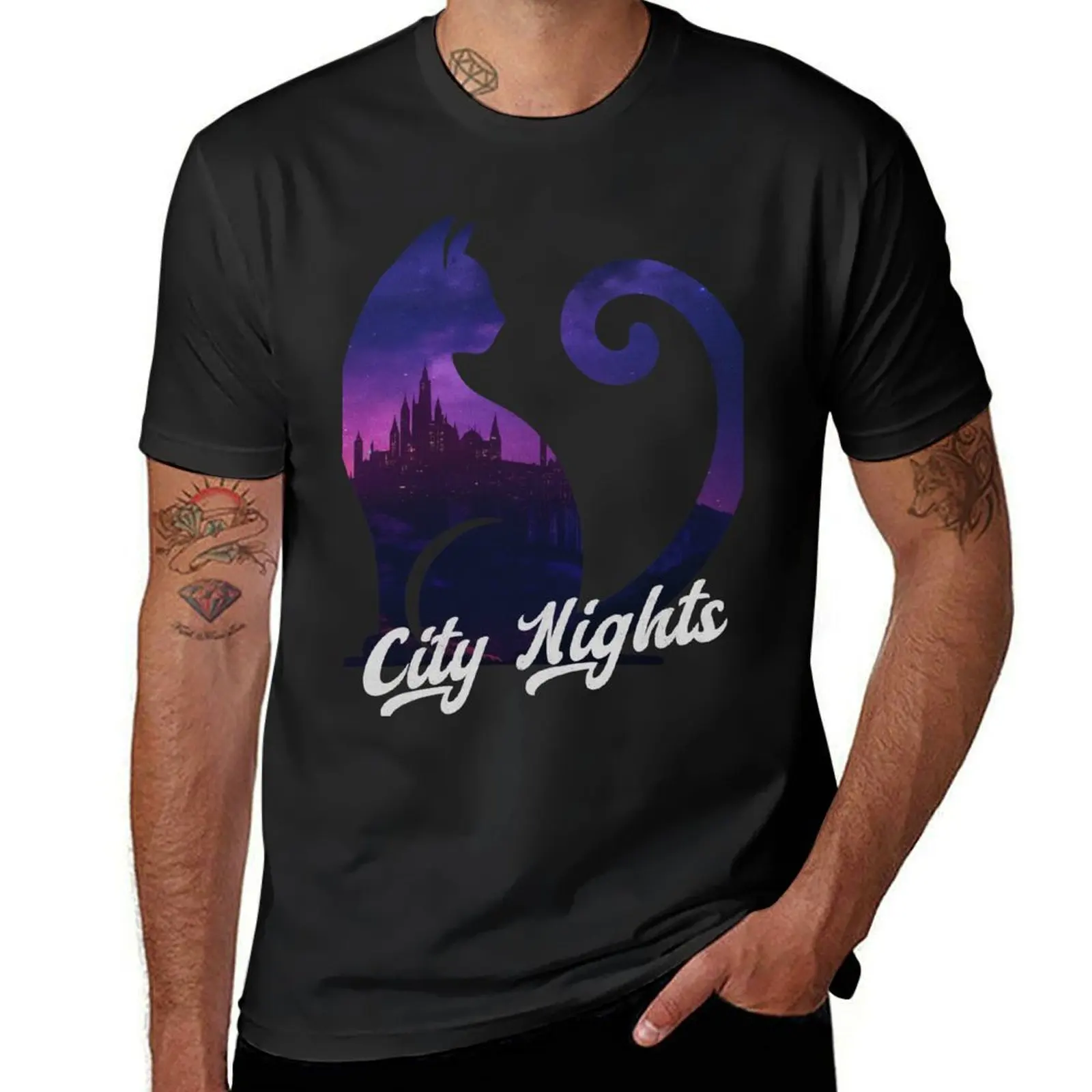 Metropolitan Mystique - Cat Silhouette and Cityscape Night Art T-Shirt summer tops oversizeds blacks mens tall t shirts