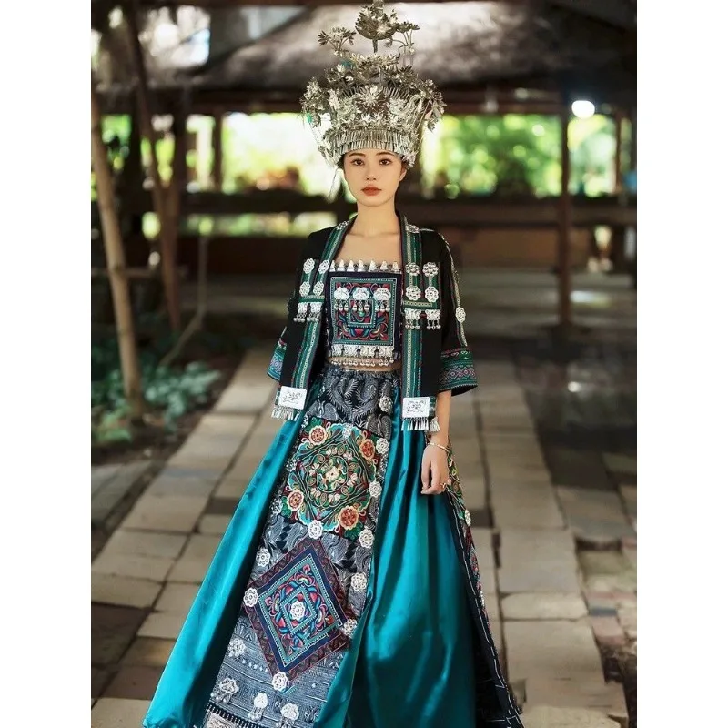 3pcs Sets Chinese Miao Costume Woman Dress Stage Ethnic Style Hmong Clothes Female Outfit Exclude Hat