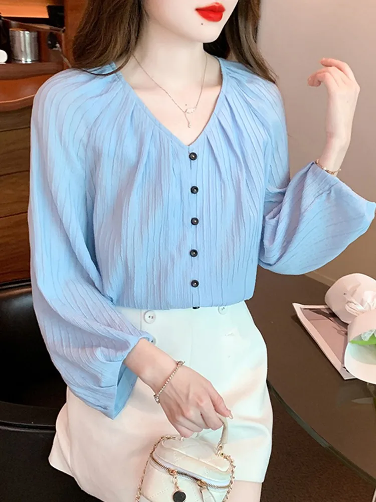 Women Casual Blouses Shirts New Arrival 2023 Autumn Korean Style V-neck Lantern Sleeve Loose Ladies Elegant Tops Shirt W1354