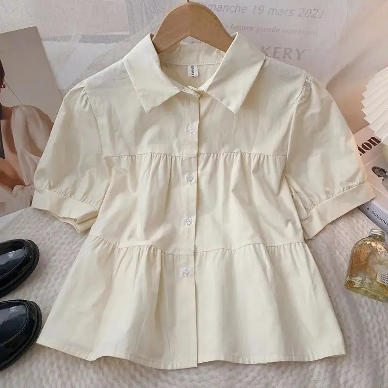 Summer Loose Sweet Short Sleeve Shirts & Blouses Puff Sleeve Elegant Office Lady Shirt Vintage Top Women Korean Popular Clothes