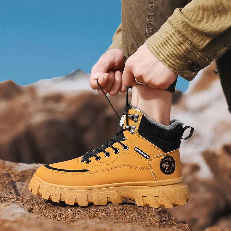 

Boots for Men Versatile Winter High Top High-quality British Brand Short Boots with Anti Slip Thick Sole Warm Plush Cotton Shoes