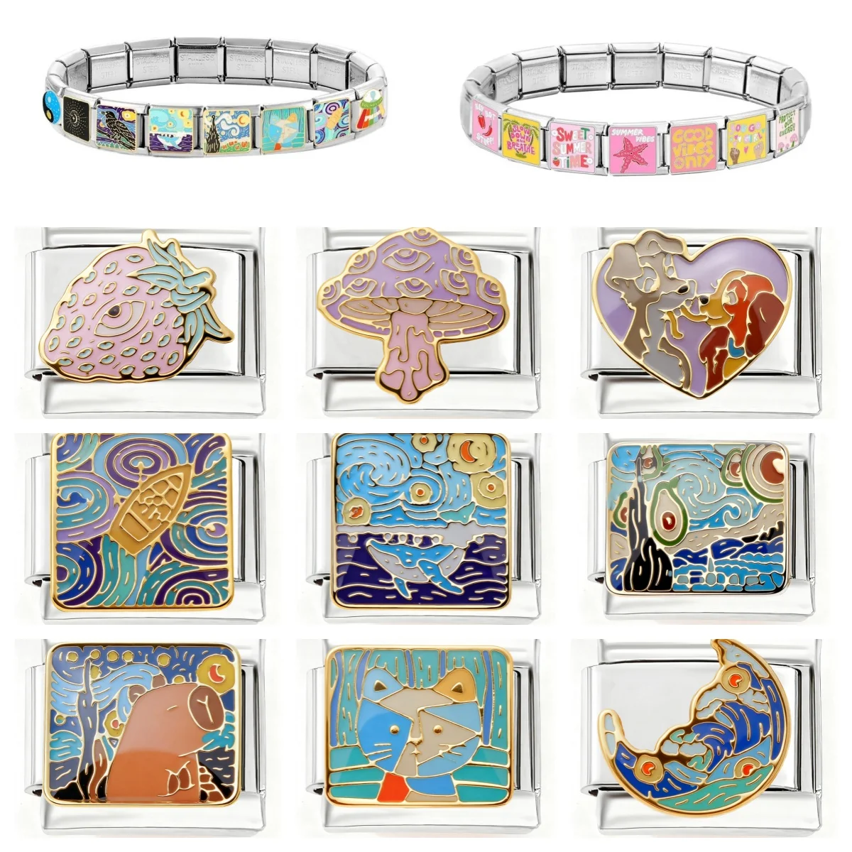 Moda colorida gato morango cogumelo asas charme links italianos 9mm pulseiras pulseira de aço inoxidável diy fazendo jóias