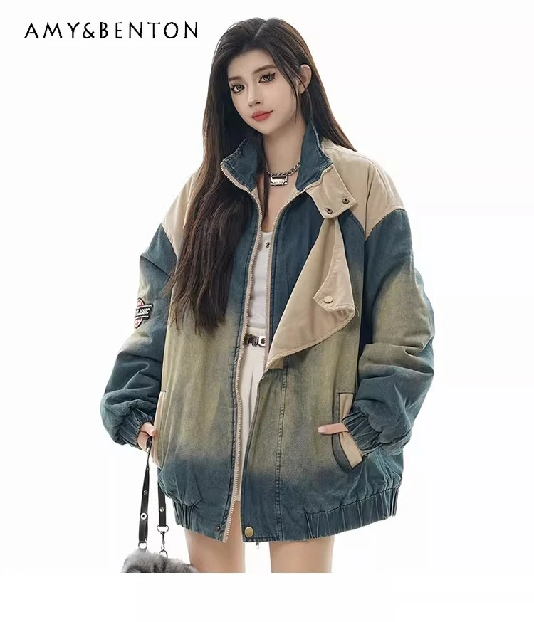 

Autumn Winter New American Retro Women's Patchwork Stand Collar Denim Padded Jacket Couple Design Thickened Blue Cotton Coat