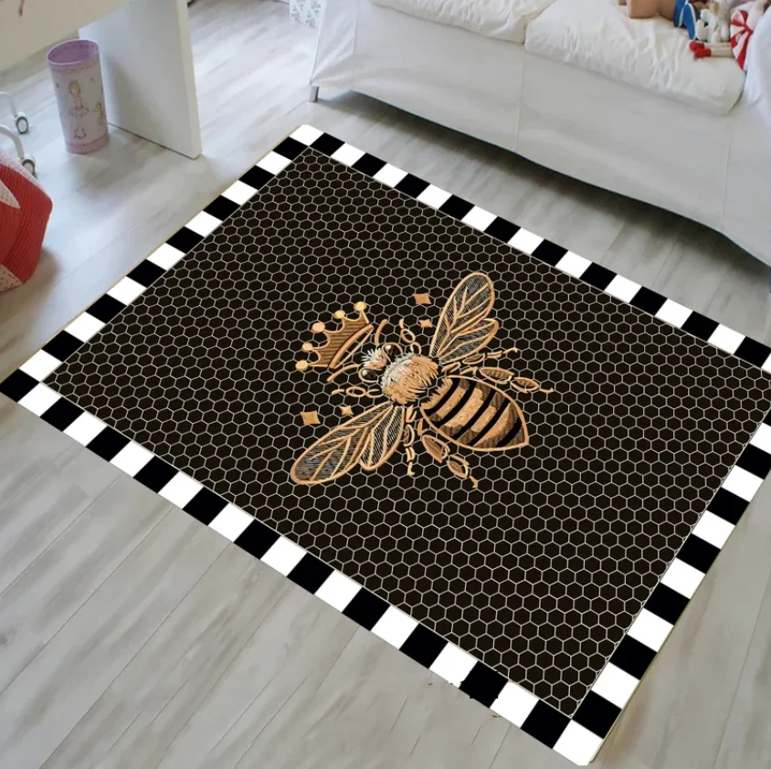 

Bee Area Rug Black Honeycomb RunnerCheckboard Non Slip CarpetCrown Floor ArtWhite Machine Washable Carpet Checkers Mat