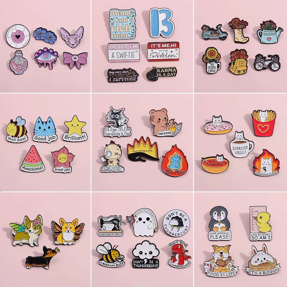 Cartoon Bee Cat Animals Enamel Brooch Set Flower Satchel Sunflower Flame Bear Fries Coffee Metal Badge Punk Lapel Pins Jewelry