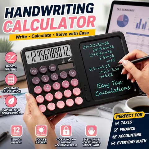 12 Digit Dual Power Handwriting Tablet Calculator, Solar & AAA Battery Operated Desk Calculator With Stylus, One-Click Erase Large Display Calculator For Office School Study Home, Perfect Practical Gift For Students Office Workers