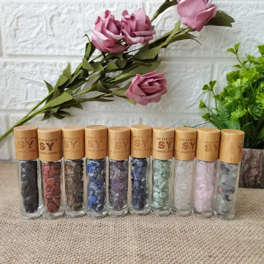 Botellas roll-on de vidrio transparente recargables con bola de jade y tapa de bambú para masaje facial, botella de bola con rodillo de perfume de viaje