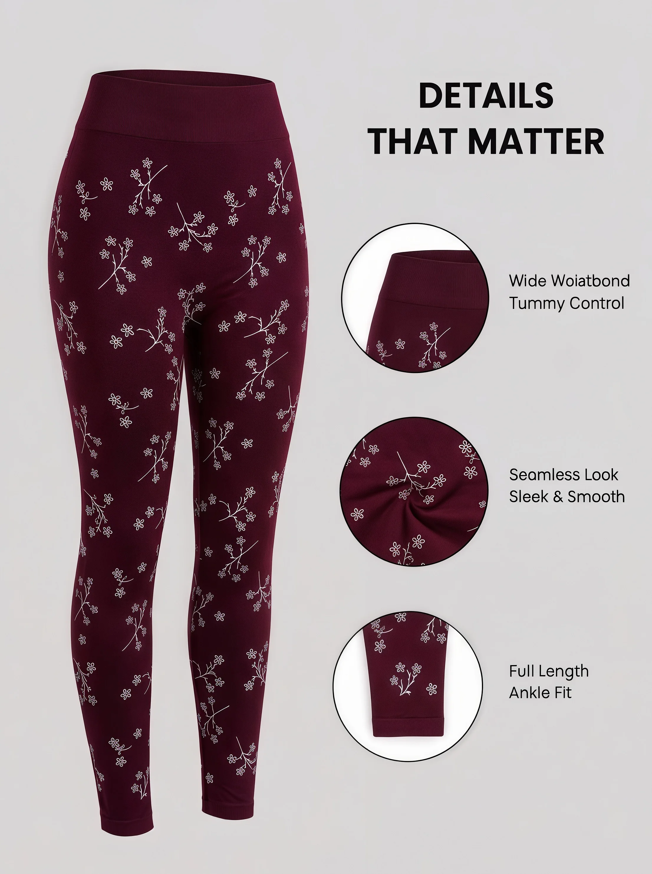 Women Seamless High Waist Delicate White Floral Branch Print Leggings High Elasticity Slim Fit Pants for Daily Commute
