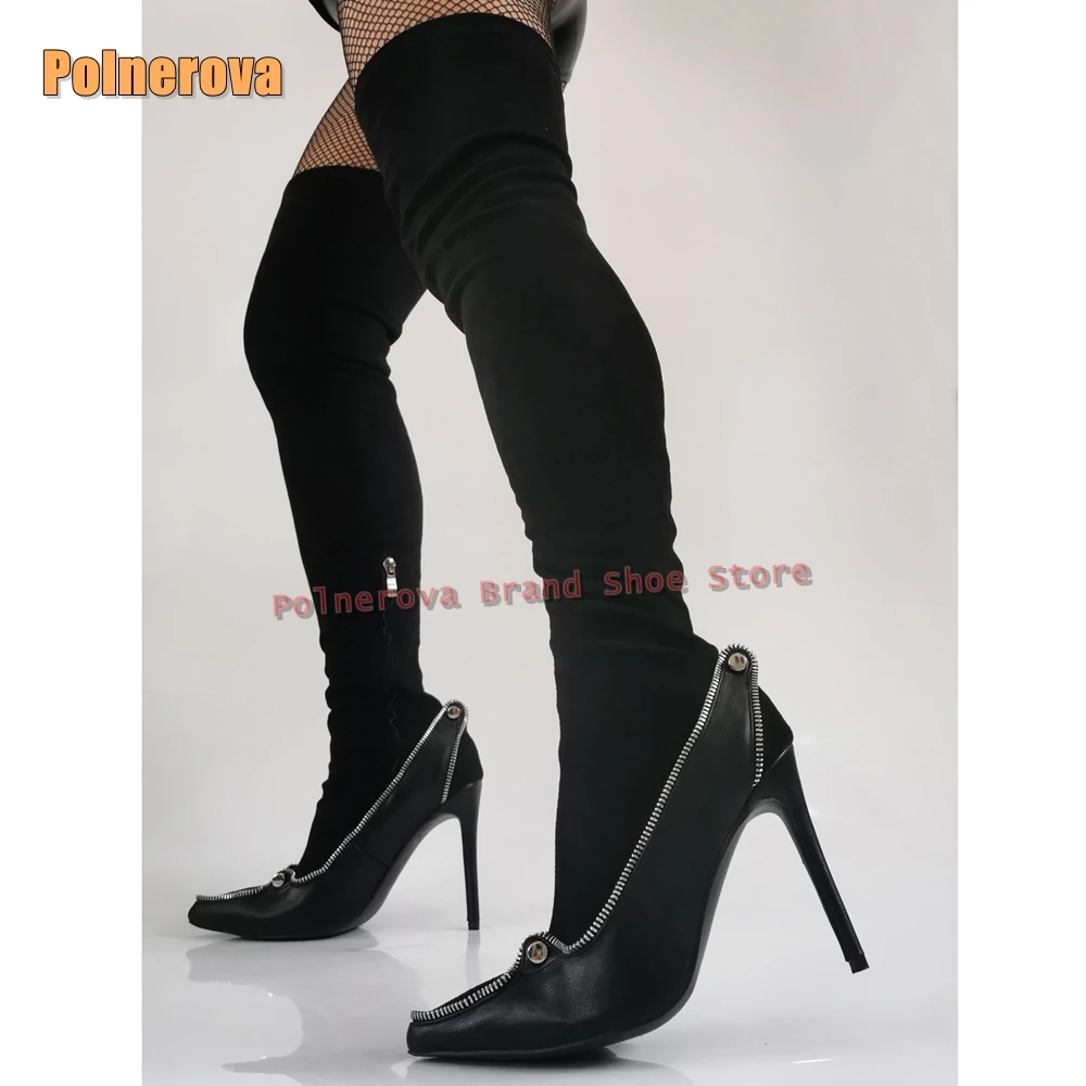 

Сексуальные сапоги выше колена с металлическими застежками-молнией и острым носком на шпильке в стиле пэчворк, женские сексуальные модные эластичные сапоги, осень 2024, новый стиль