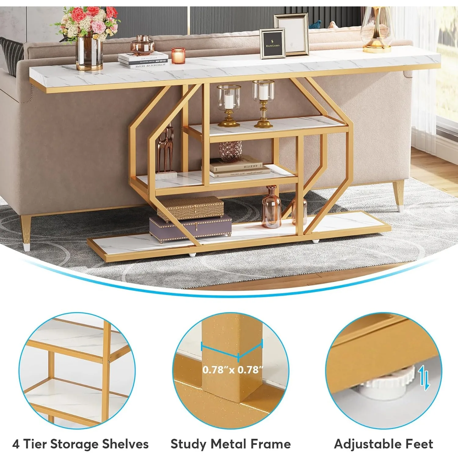 #LITTLE TREE Console Table, Modern Gold Sofa Table Behind Couch with Storage, 4 Tier Entryway Accent Table for Living Room