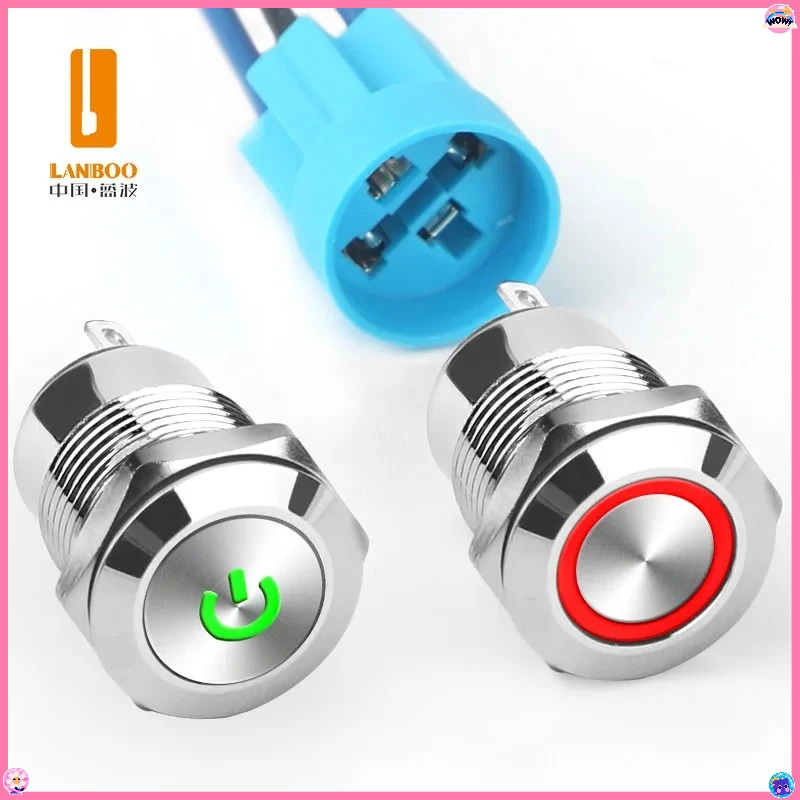 LANBOO 12mm Mini Push button Switch Latching/Momentary Switch 1NO Contact 1A With 5-24V 220V With LED Status Light Economical