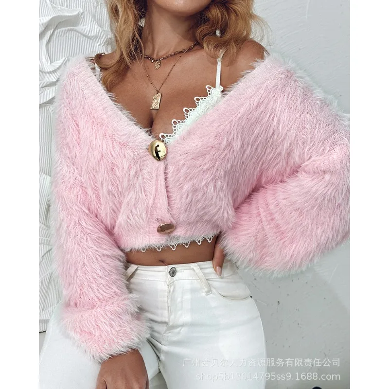 New Women's Long Sleeve V-neck Button Knit Sweater 2023 Autumn Winter Sweater Top Women's Sexy Cardigan Off-Shoulder Sweater