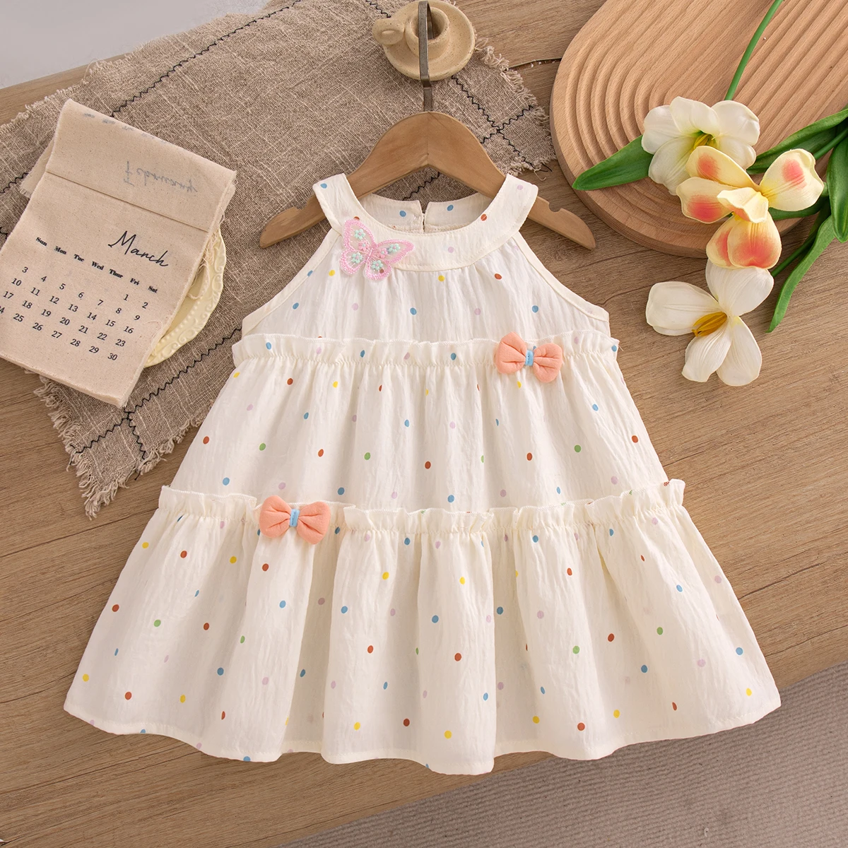 Baby Girls' Dress Summer Wave Point Cartoon Neck Girls' Dress Cute Beach Baby Dress Baby Girl Clothing ﻿