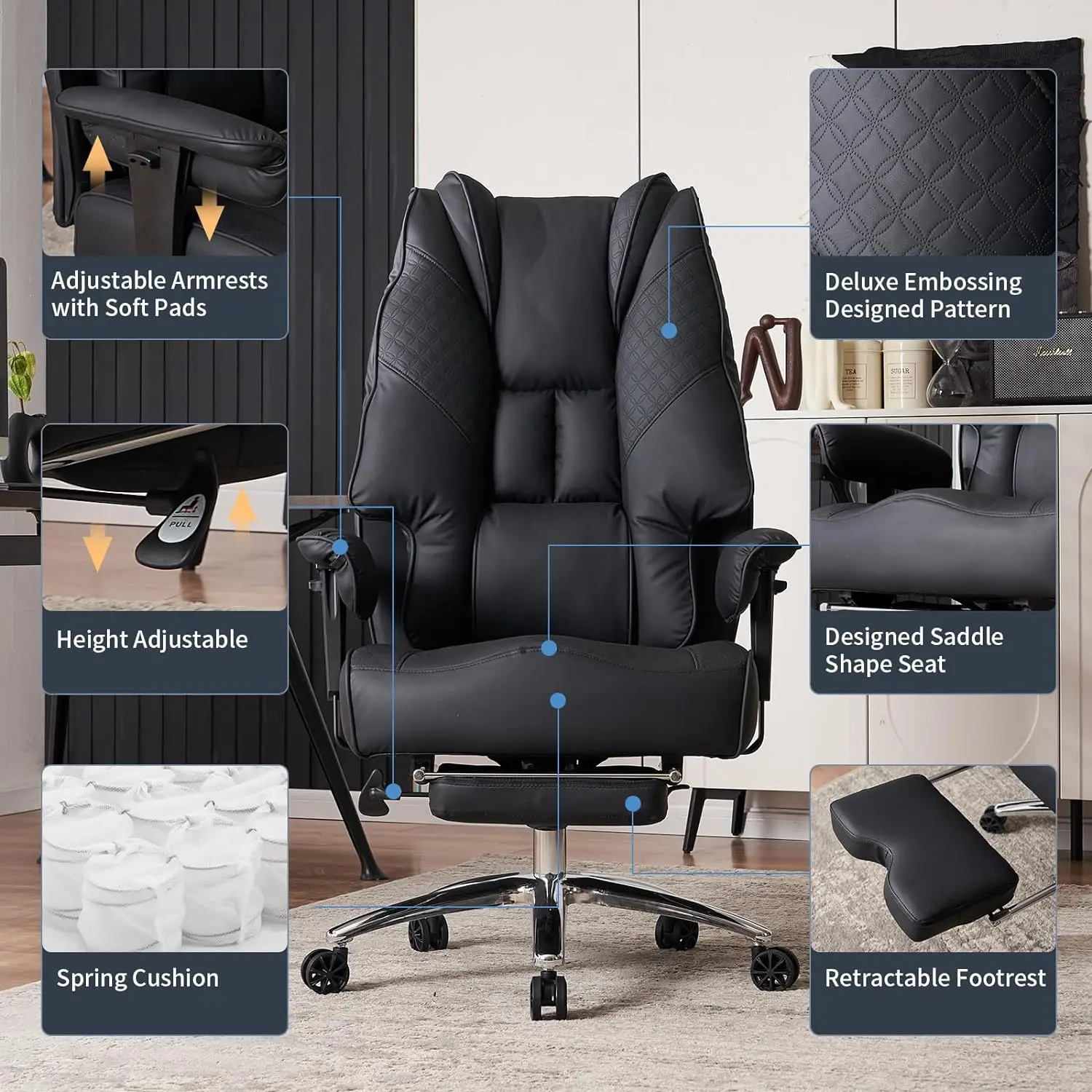 Big and Tall Office Chair 400lbs Wide Seat, Leather High Back Executive Office Chair with Foot Rest